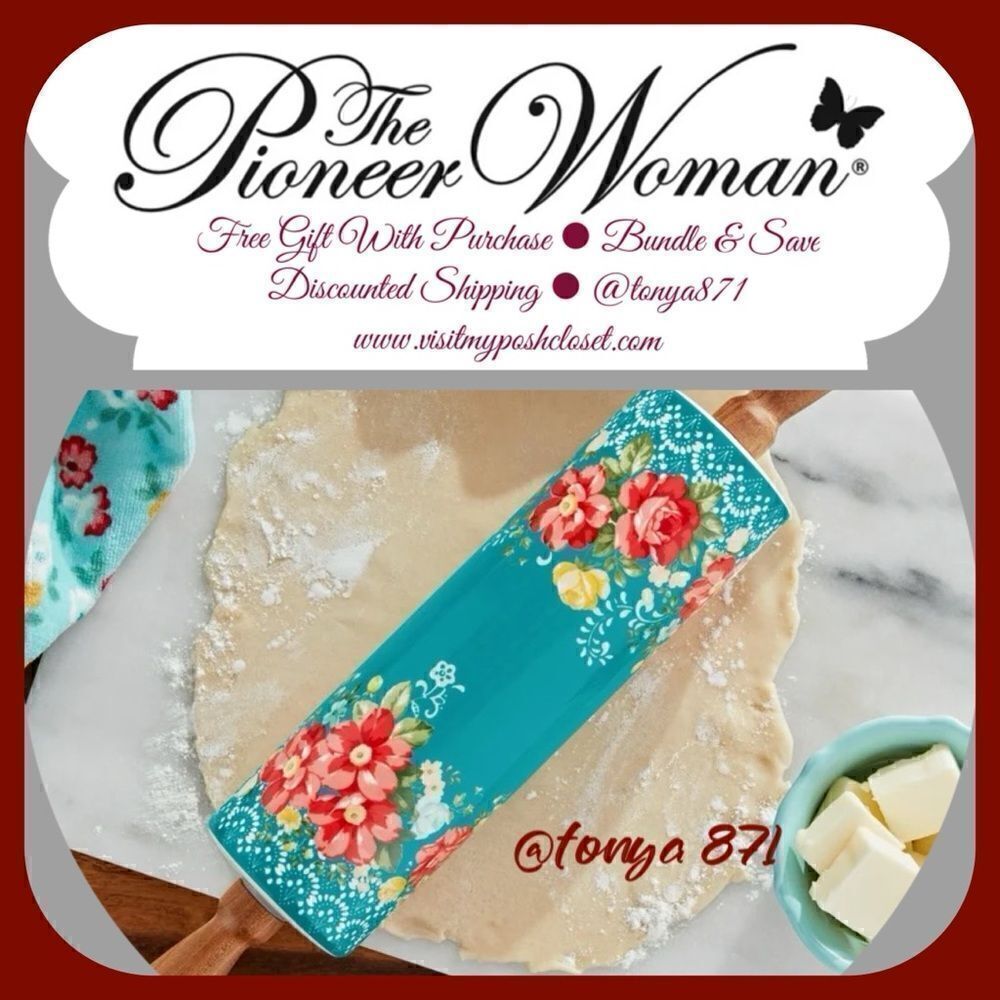 🦋 New Pioneer Woman Vintage Floral Ceramic Rolling Pin with Acacia Wood Handles